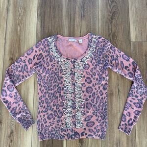 Boston Proper women’s Leopard Print Cardigan with Beaded Details size XS